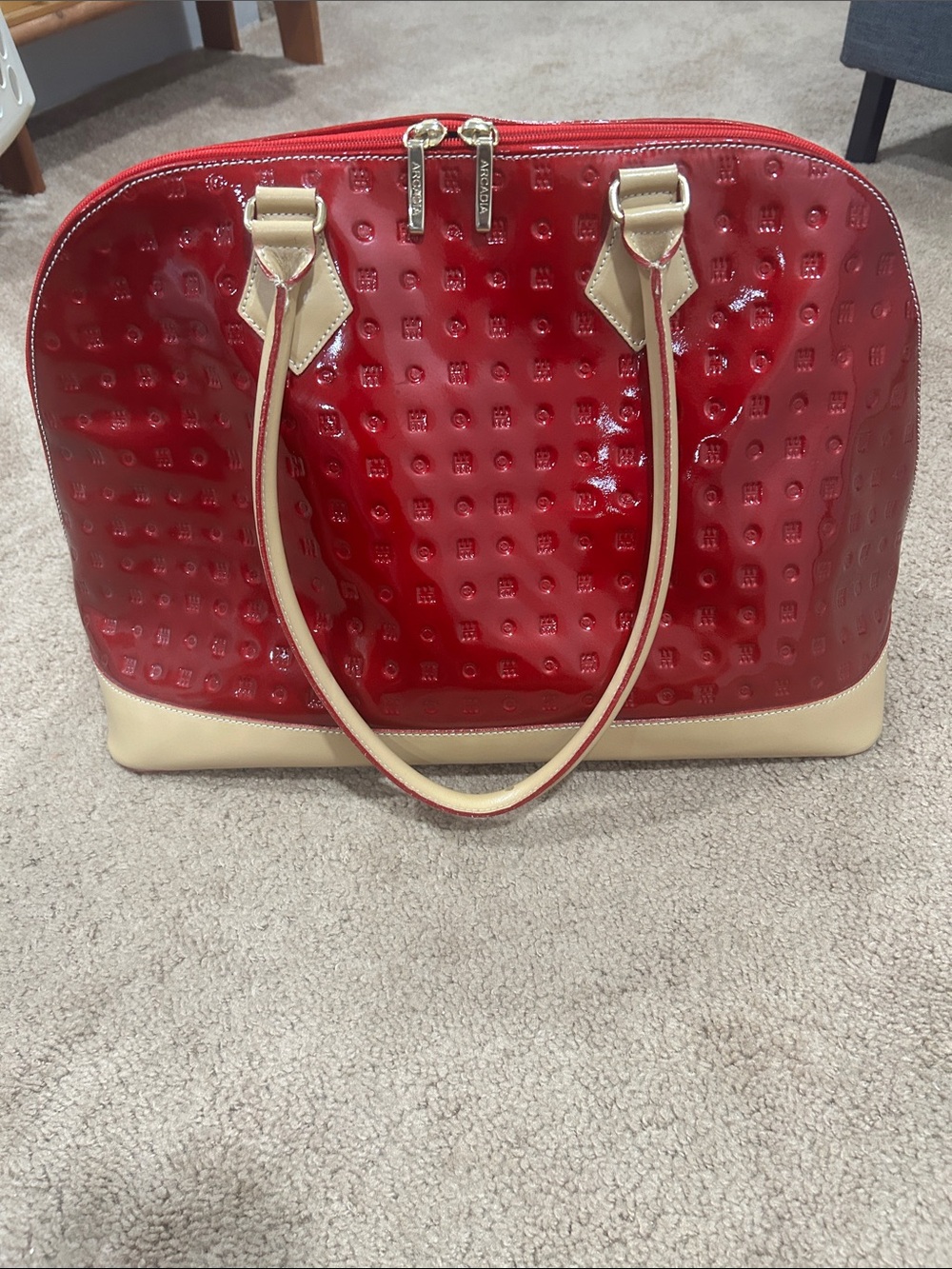 Arcadia Red Patent Dome Tote with Cream Trim